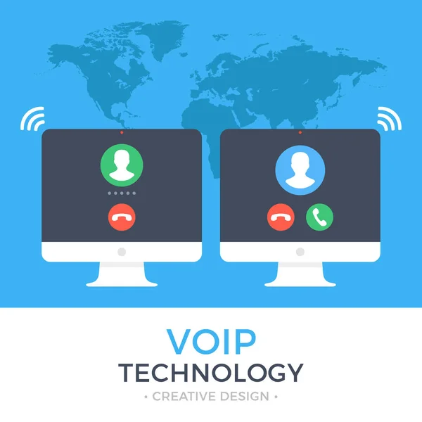 Технология VoIP, голос по IP, концепция IP телефонии. Два комиссара. Компьютер с исходящим вызовом и компьютером с входящим вызовом на экране. Интернет вызывает веб-баннер. Современная векторная иллюстрация — стоковый вектор