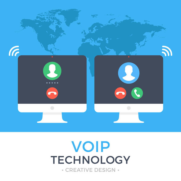 Технология VoIP, голос по IP, концепция IP телефонии. Два комиссара. Компьютер с исходящим вызовом и компьютером с входящим вызовом на экране. Интернет вызывает веб-баннер. Современная векторная иллюстрация
