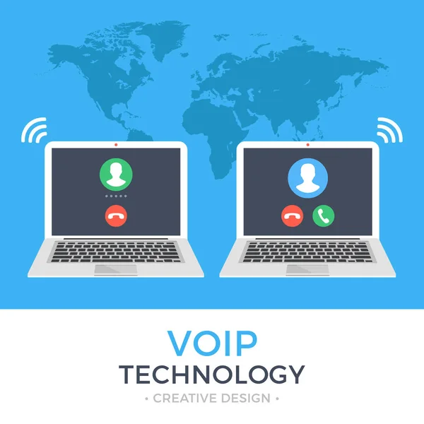 Tecnología VoIP, voz sobre IP, conceptos de telefonía IP. Dos laptops marcan. Portátil con llamada entrante y con llamada saliente en pantalla. Internet llamando al banner web. Diseño plano moderno vector ilustración — Vector de stock