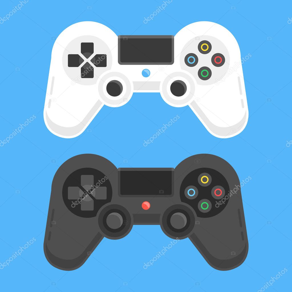Gamepads set. White and black game controllers. Playing videogames concept. Modern flat design vector illustration