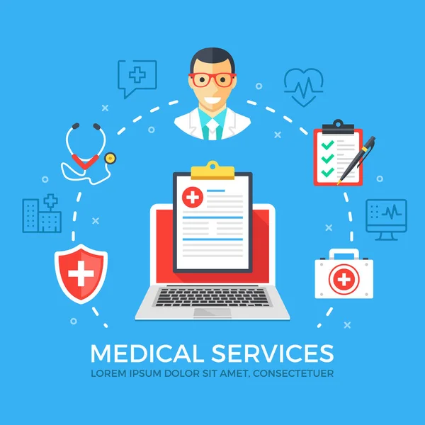 Servicios médicos concepto de ilustración plana. Portátil con portapapeles médico. Conjunto de iconos planos creativos, conjunto de iconos de línea delgada, elementos gráficos. Ilustración vectorial moderna — Vector de stock