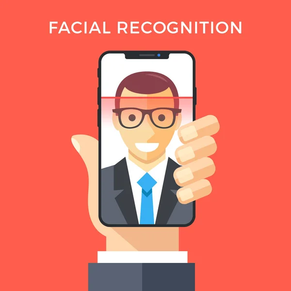 Facial Recognitie concept. Id, systeem van de erkenning van het gezicht worden geconfronteerd. Hand holding smartphone met menselijk hoofd en app op het scherm scannen. Moderne applicatie. Platte ontwerp vectorillustratie Vectorbeelden