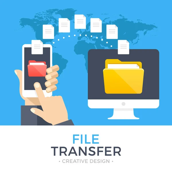 File transfer. Hand holding smartphone with folder on screen and documents transferred to computer. Copy files, exchange, file sharing concept. Modern flat design vector illustration — Stock Vector