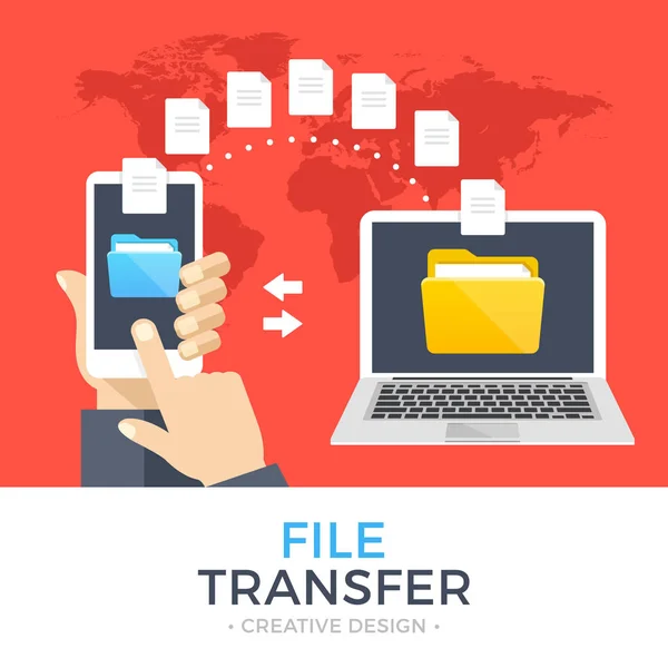 Transferencia de archivos. Mano que sostiene el teléfono inteligente con la carpeta en la pantalla y los documentos transferidos a la computadora portátil. Copiar archivos, copia de seguridad, conceptos de intercambio de archivos. Diseño plano moderno vector ilustración — Archivo Imágenes Vectoriales