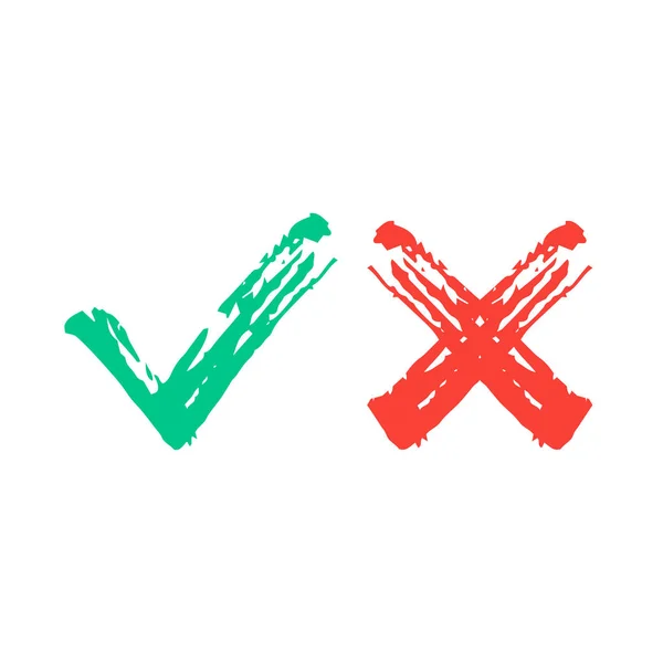 Marcas de verificación dibujadas a mano. garrapata verde y marcas de verificación cruz roja iconos dibujados a mano conjunto. Ilustración vectorial — Archivo Imágenes Vectoriales