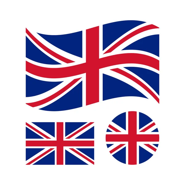 Groot-Brittannië vlag is ingesteld. Rechthoekig, zwaaiend en cirkel Union Jack vlag. Verenigd Koninkrijk, Brits nationaal symbool. Vector iconen Stockvector