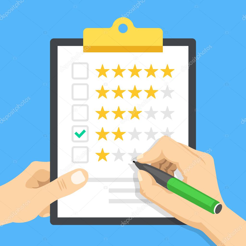 Clipboard with 2 stars rating. Hands holding clipboard and pen. Two stars check mark. Poor customer service, negative review, awful quality, ranking concept. Modern flat design vector illustration