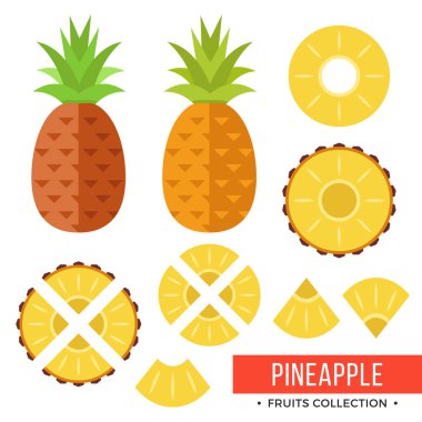 Ananas. Tüm ananas, ananas ve parçaları, yaprak, dilimleri, çekirdek. Meyve kümesi. Düz tasarım grafik öğeleri. Vektör çizim