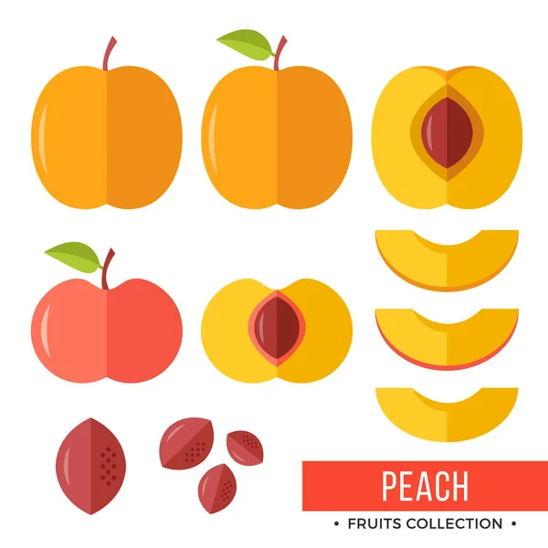 桃子。整个的桃子和零件，切片，坑、 叶子、 核心。组的水果。平面设计图形元素。矢量图 — 图库矢量图片