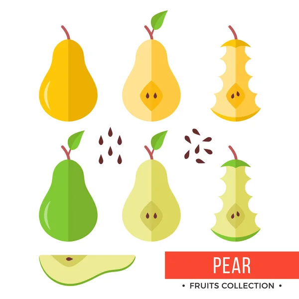 Pêra. Verde, pêra inteira amarela e partes, fatias, sementes, folhas, núcleo. Conjunto de frutas. Elementos gráficos de design plano. Ilustração vetorial —  Vetores de Stock