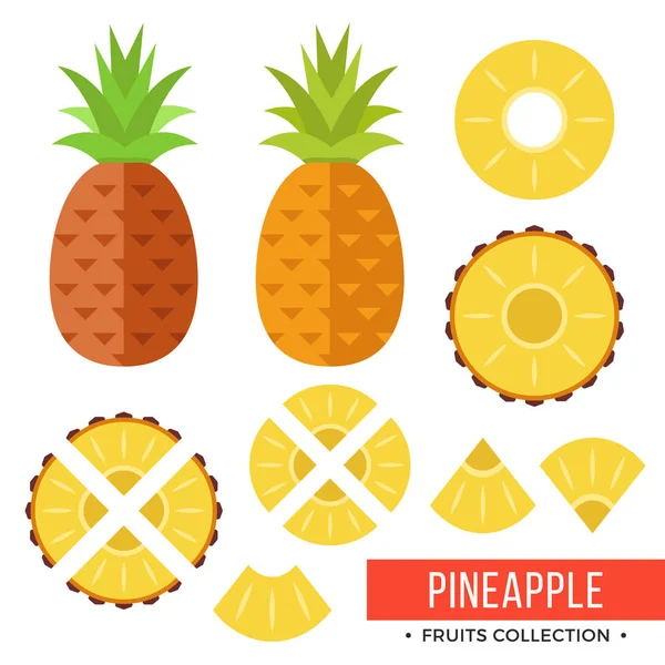 Ananas. Tüm ananas, ananas ve parçaları, yaprak, dilimleri, çekirdek. Meyve kümesi. Düz tasarım grafik öğeleri. Vektör çizim — Stok Vektör