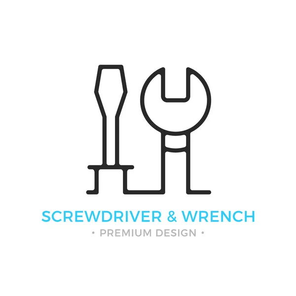 Screwdriver and wrench icon. Screwdriver and spanner tools. Repair, maintenance, settings concepts. Stroke, outline, linear, line style. Vector thin line icon — Stock Vector