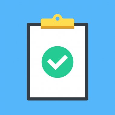 Pano ve onay işareti. Klibi kurulu ve yeşil yuvarlak simge onay işareti, kene ile. Tamamlanmış görev, iş kavramları yapılır. Modern düz tasarım grafik öğeleri. Vektör çizim