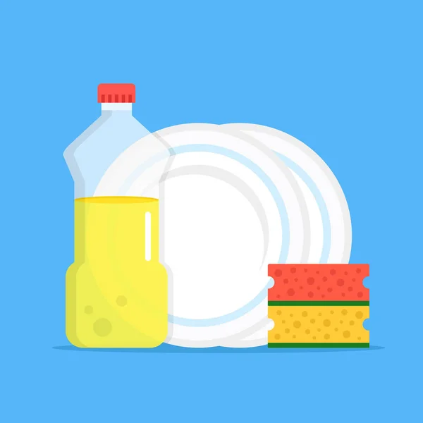 Dishwashing. Dishwashing liquid, kitchen sponges and dishes. Modern flat design graphic elements. Vector illustration — Stock Vector