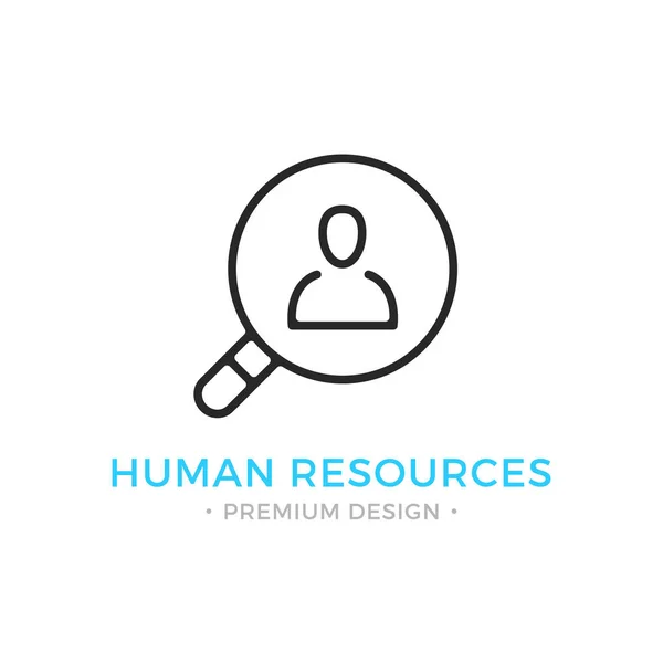 Menselijke hulpbronnen lijn pictogram. Vergrootglas en man silhouet. Zwarte vector menselijke hulpbronnen icoon — Stockvector