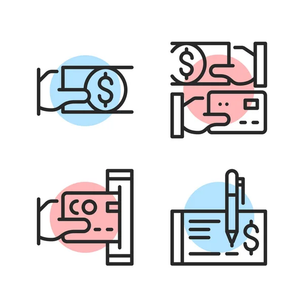 Payment methods. Pay cash, pay with credit card, pay by check, cash back. Modern vector line icons set — Stock Vector