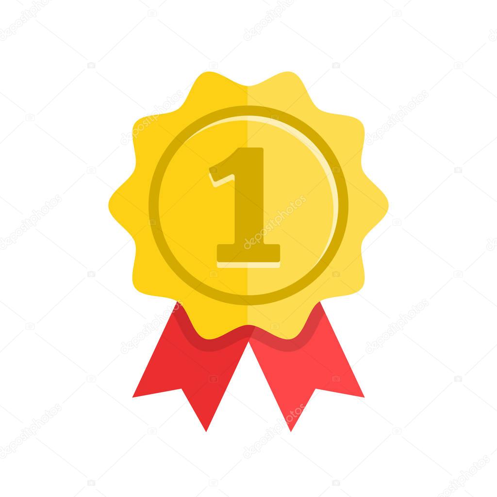 Award. Gold medal with red ribbons. First place, winner, prize, achievement, accomplishment concepts. Modern flat design vector icon