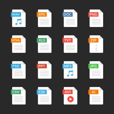 Dosya biçimleri düz simgeler kümesi. Farklı dosya türleri, uzantıları ile beyaz kağıt belge sembollerin. Web tasarım grafik öğeleri. Vektör simgeler