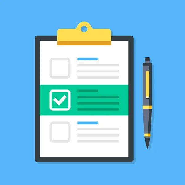 Klembord en checkboxes met vinkje. Pad, controlelijst, witte teek, vinkje op document en pen. Vordering, enquête, formulier concepten. Bovenaanzicht. Moderne platte ontwerp vectorillustratie — Stockvector