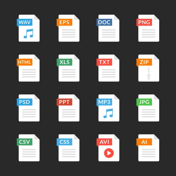 Formatos de archivo flat icons set. Pictogramas de documentos en papel blanco con diferentes tipos de archivos, extensiones. Elementos gráficos de diseño web. Iconos vectoriales — Archivo Imágenes Vectoriales