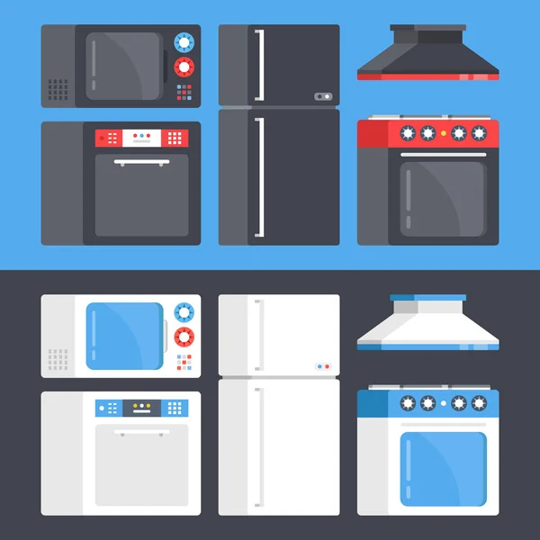 Keukenapparatuur instellen. Magnetron-oven, vaatwasser, koelkast, elektrische range, afzuigkap. Platte ontwerp. Zwart-wit stijl concepten. Moderne grafische elementen. Vectorillustratie Vectorbeelden