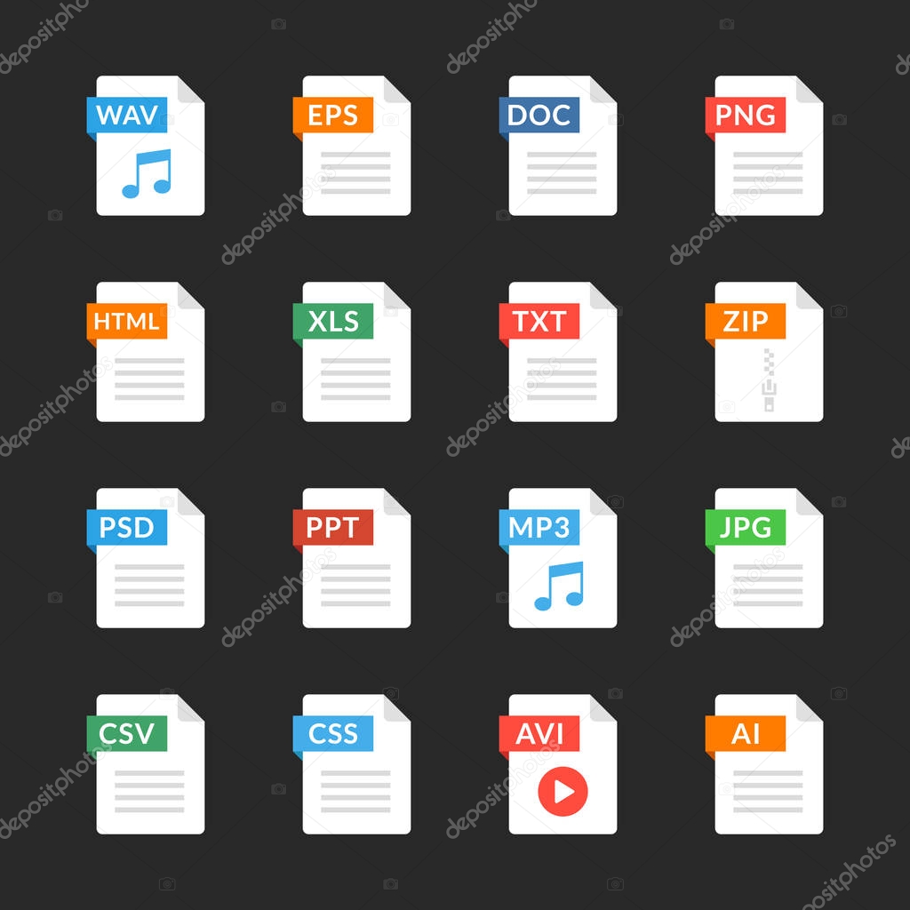 File formats flat icons set. White paper document pictograms with different file types, extensions. Web design graphic elements. Vector icons