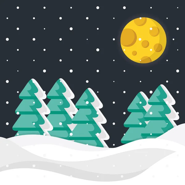 Winternacht. Kerstbomen, sneeuw, sneeuwlaag en maan. Vector winter achtergrond Rechtenvrije Stockvectors