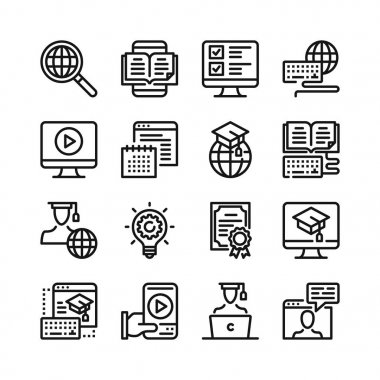 Online Eğitim satır Icons set. 48 x 48 piksel. E-öğrenme, e-öğrenme, uzaktan eğitim kavramlar. Modern grafik tasarım. Basit kontur anahat öğeleri koleksiyonu. Piksel mükemmel. Vektör hat simgeler