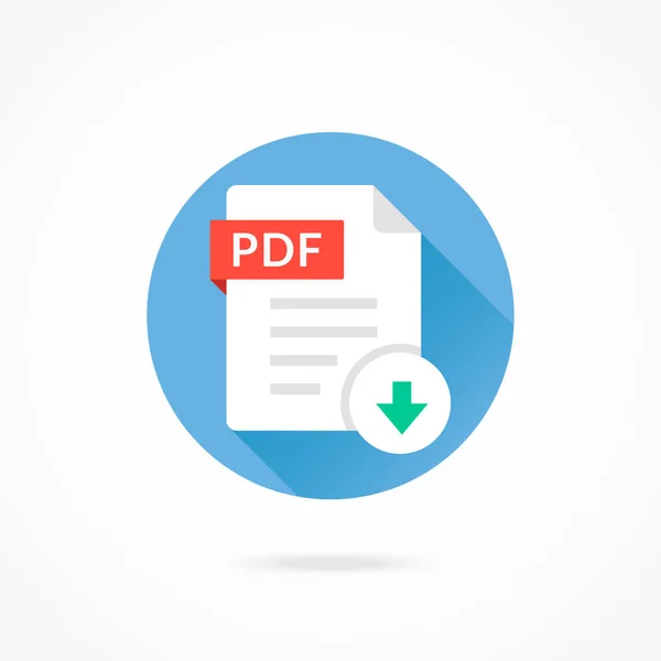 Ladda ner PDF-ikonen. Ladda ner dokumentet. Vector runda ikonen med långa skugga design — Stock vektor