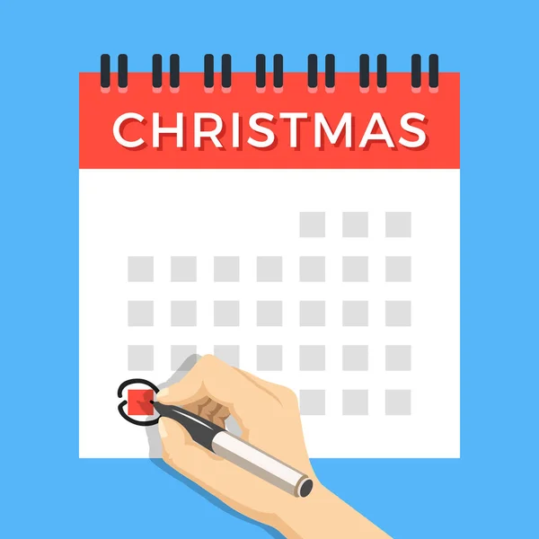 Hand med markör kretsande juldagen på kalendern. Spiral väggkalender med markerade jullov. Version med veckan igång på måndag. Moderna plattgränssnitt koncept. Vektorillustration — Stock vektor