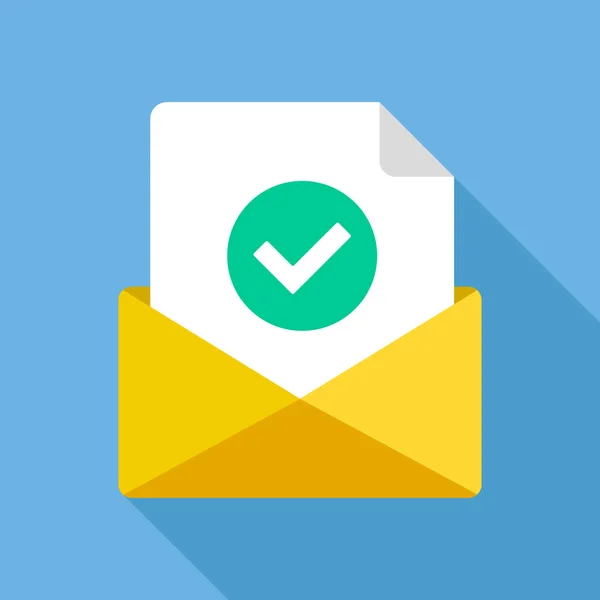 Envelop met document en ronde groen vinkje pictogram. Succesvolle e-levering, e-mail levering bevestiging. Moderne platte ontwerp vector pictogram Vectorbeelden