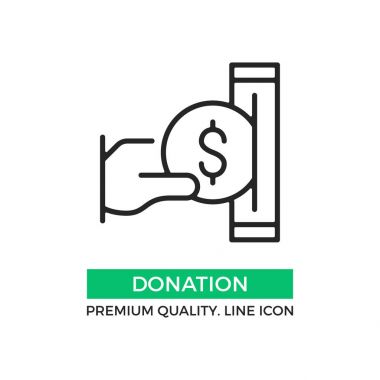 Vektör bağış simgesi. Kutuya koyarak para tutan el. Premium Kalite grafik tasarım öğesi. Modern işareti, doğrusal piktogram, anahat simgesini, basit ince satırı simgesi