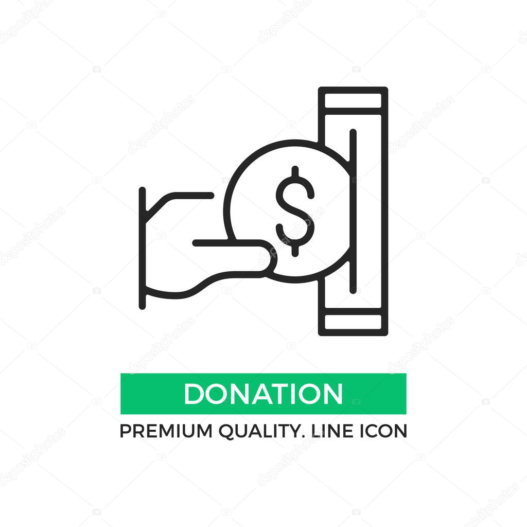 Vector donation icon. Hand holding coin putting it in the box. Premium quality graphic design element. Modern sign, linear pictogram, outline symbol, simple thin line icon
