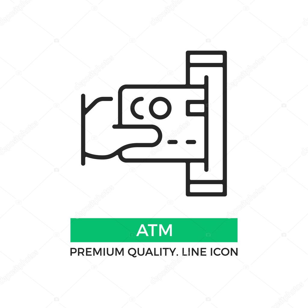 Vector ATM icon. Hand holding credit card inserting it into the ATM. Premium quality graphic design element. Modern sign, linear pictogram, outline symbol, simple thin line icon