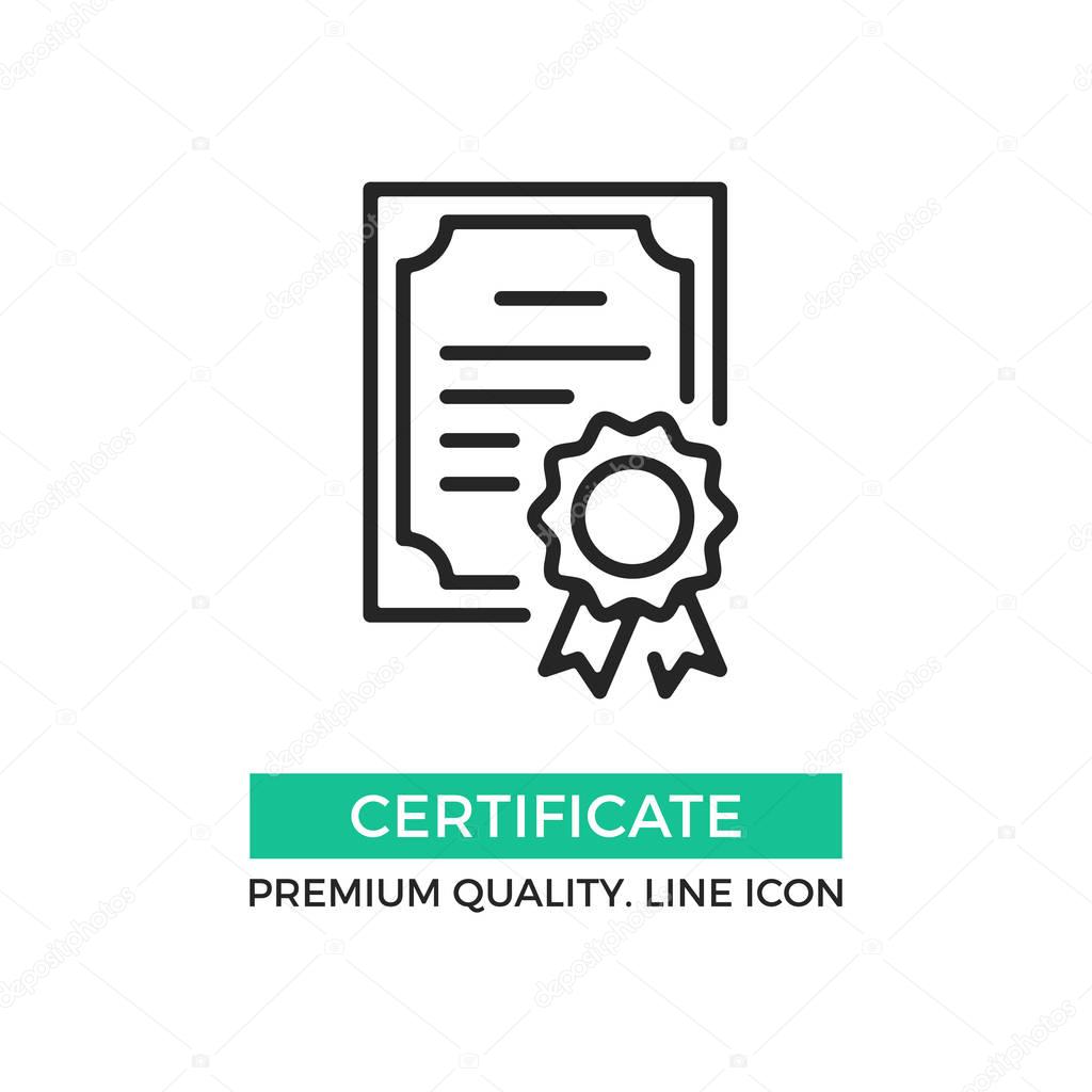 Vector certificate icon. Achievement, award, grant, diploma concepts. Premium quality graphic design elements. Modern sign, linear pictogram, object, outline symbol, simple thin line icon