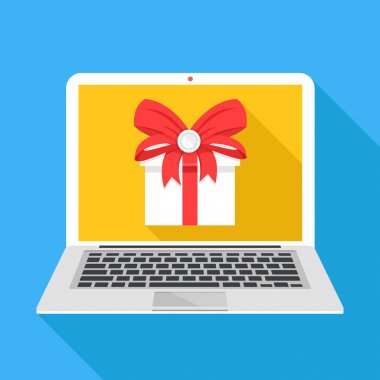 Hediye kutusu ekranda ile dizüstü bilgisayar. Modern uzun gölge tasarım. Düz tasarlamak vektör