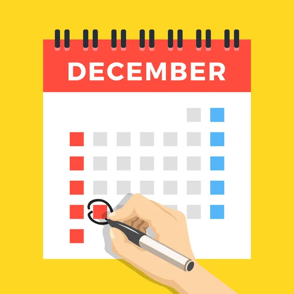 Mano Con Calendario Marca Pluma Diciembre Día Navidad Dio Vuelta — Archivo Imágenes Vectoriales