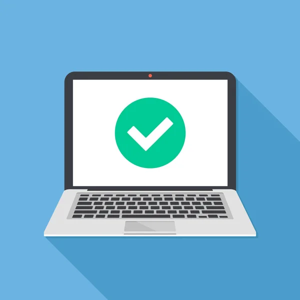 Laptop Check Mark Notebook Green Tick Icon Checkmark White Screen — Stock Vector