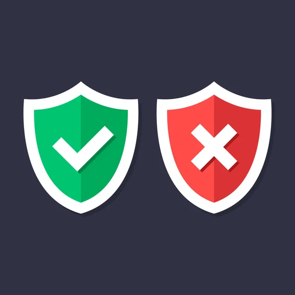 Набір Значків Значків Перевірки Червоний Зелений Щит Позначкою Захист Безпека Ліцензійні Стокові Вектори