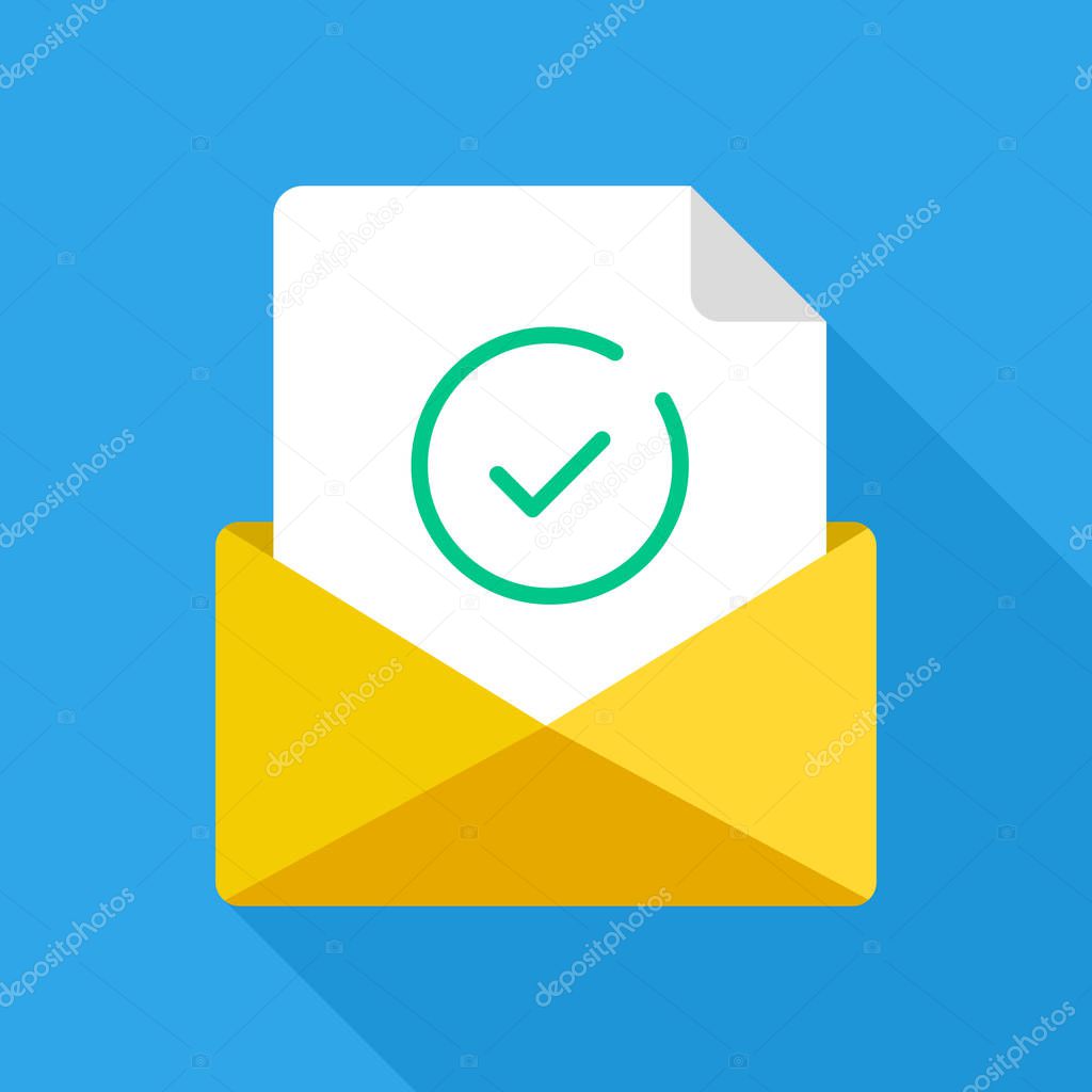 Opened envelope and document with green check mark line icon. Official confirmation message, mail sent successfully, e-mail delivery, verification email. Long shadow flat design. Vector illustration