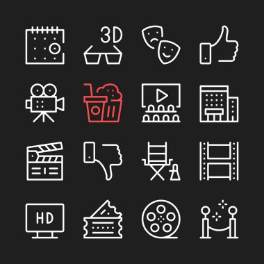 Film, film üretim hattı simgeler. Anahat modern grafik öğeleri, basit ince çizgi tasarım simgeler. Vector Icons set
