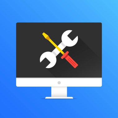 Bilgisayar tamir, Bilgisayar Servisi, teknik destek kavramları. PC ile çapraz anahtarı ve tornavida üstünde perde. Modern düz tasarım grafik öğeleri. Uzun gölge tasarım. Vektör çizim