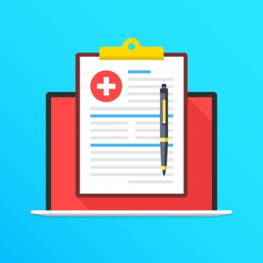 Sağlık sigortası dizüstü bilgisayar ekranında. Defter ve Pano tıbbi kayıt ve kalem ile. Uygulama formu kavramlarını doldurma. Modern uzun gölge düz tasarım grafik öğeleri. Vektör çizim