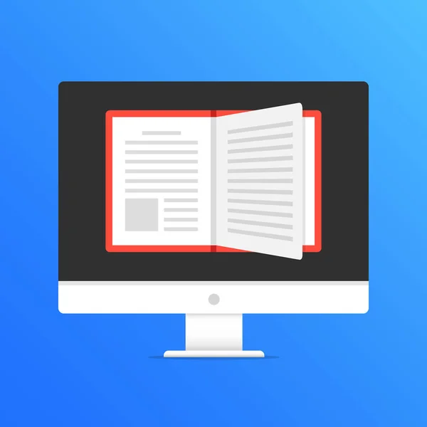 Book Online Library Computer Open Book Screen Modern Flat Design — Stock Vector