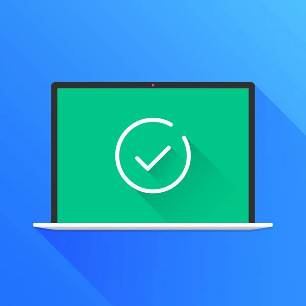Marca Verificación Pantalla Del Portátil Cuaderno Marca Verificación Línea Delgada — Archivo Imágenes Vectoriales