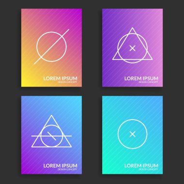 Modern küme kapsıyor. Trendy degrade renkli şablonları basit en az anahat ile geometrik şekiller soyut. İçini kaplamak çizmek. Mor, sarı, mavi degrade renkler. Yaratıcı kavramlar. Vektör çizimler