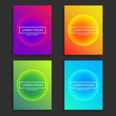 Kapakları tasarımı. Çizgi deseni, parlayan daire şekil ve gradyan ile minimalist şablonları. Turuncu, sarı, mor, yeşil, mavi renkler. Trendy basit renkli grafik öğeleri. Vektör çizim