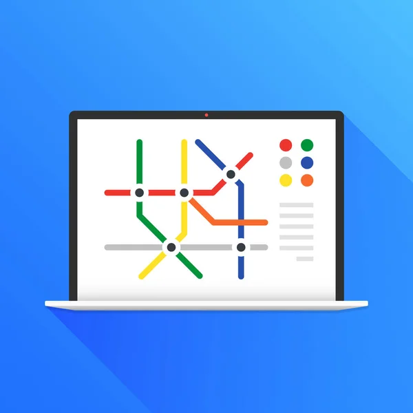 Metrokaart Van Laptop Scherm Metro Navigatie Openbaar Vervoer Navigator Route — Stockvector