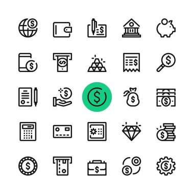 Para, satır Icons set bankacılık. Modern grafik tasarım kavramları, basit anahat öğeleri koleksiyonu. 32 x 32 piksel. Piksel mükemmel. Vektör hat simgeler