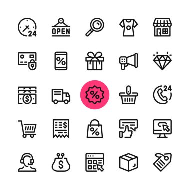 E-ticaret, online alışveriş, e-ticaret satır simgeler kümesi. Modern grafik tasarım kavramları, basit anahat öğeleri koleksiyonu. 32 x 32 piksel. Piksel mükemmel. Vektör hat simgeler